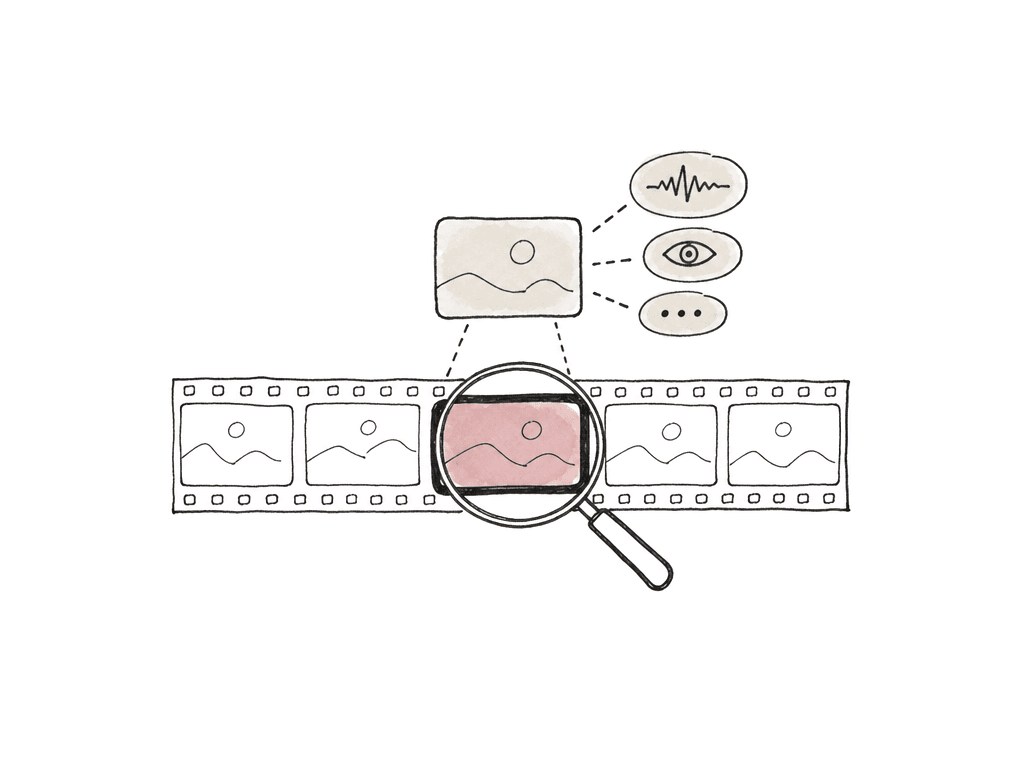 Hand-drawn video timeline with a highlighted search match and small evidence icons around it.