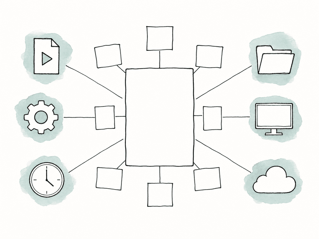 A central job record is connected to icons for source media, processing, output, time, workstation, and cloud transfer.