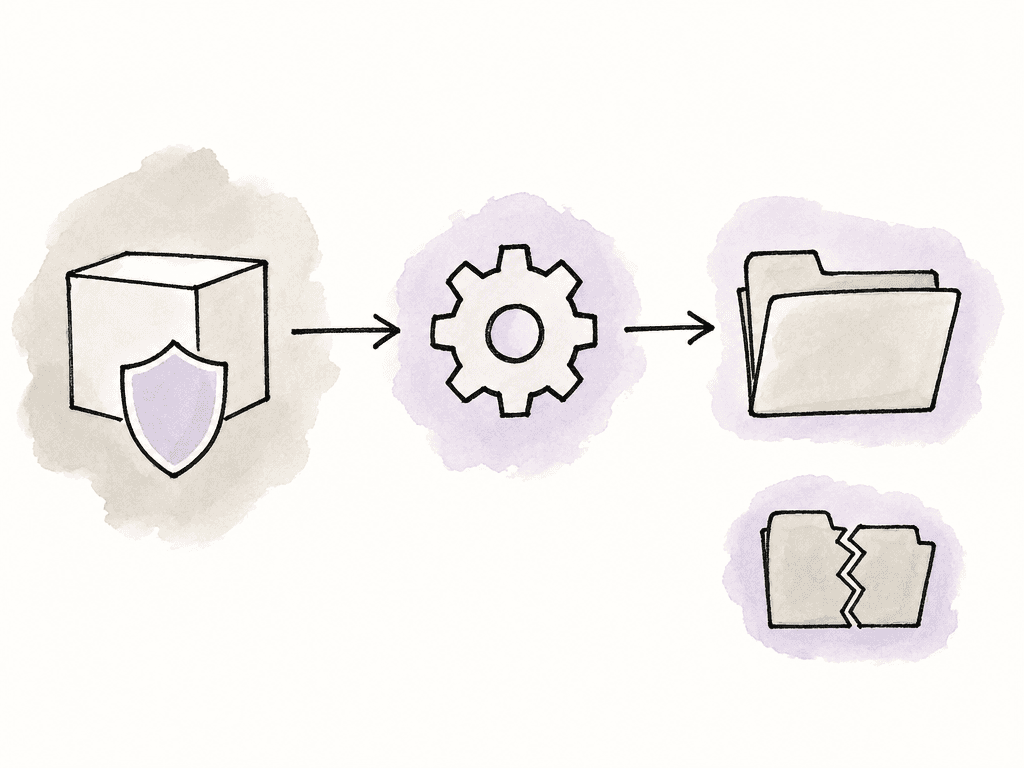 A protected source drive feeds a processing gear, which writes to separate output and failed folders.