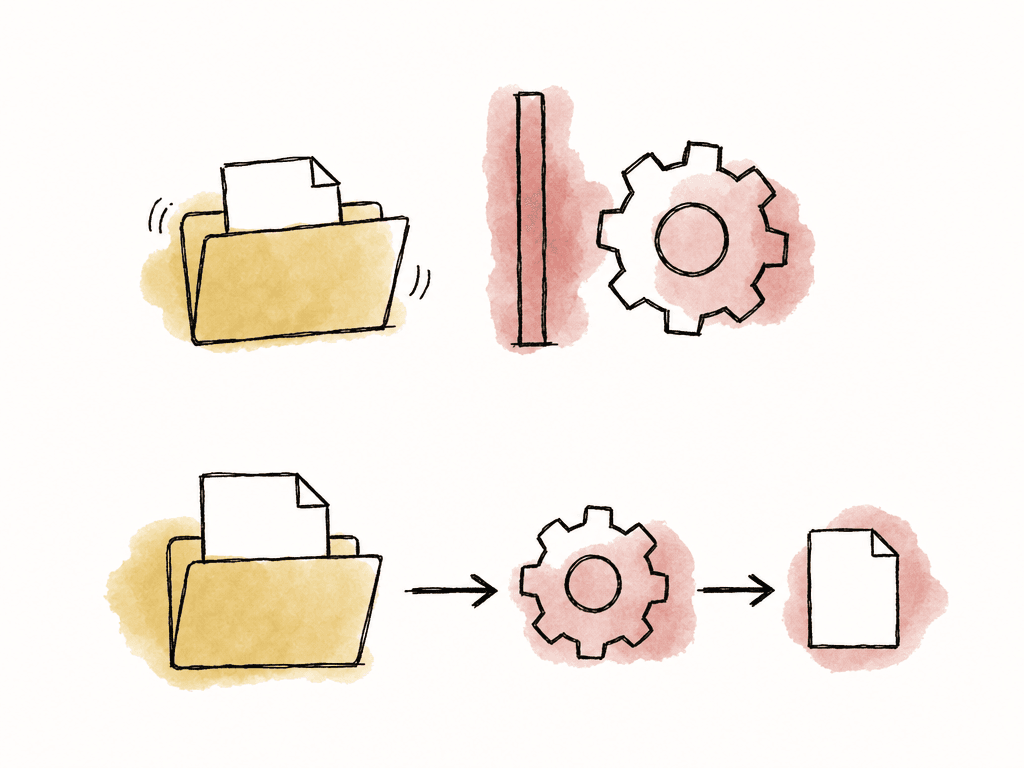An unfinished file is blocked from entering a processing gear, while a completed file moves through the gear to an output file.