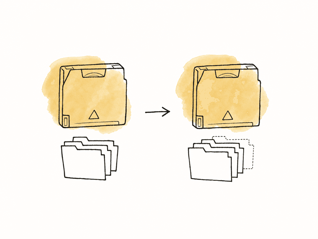 Hand-drawn before and after view of a tape catalog changing, with file shapes added and one older item shown faintly.