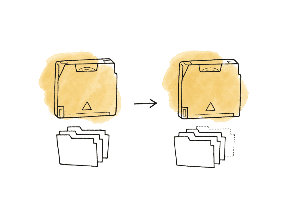 Hand-drawn before and after view of a tape catalog changing, with file shapes added and one older item shown faintly.