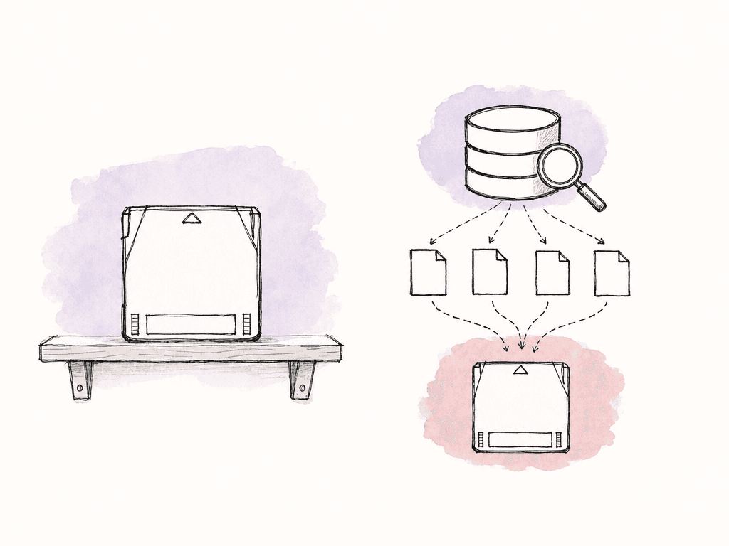 Hand-drawn comparison of an offline tape cartridge on a shelf and a separate searchable catalog represented by a database and magnifying glass.