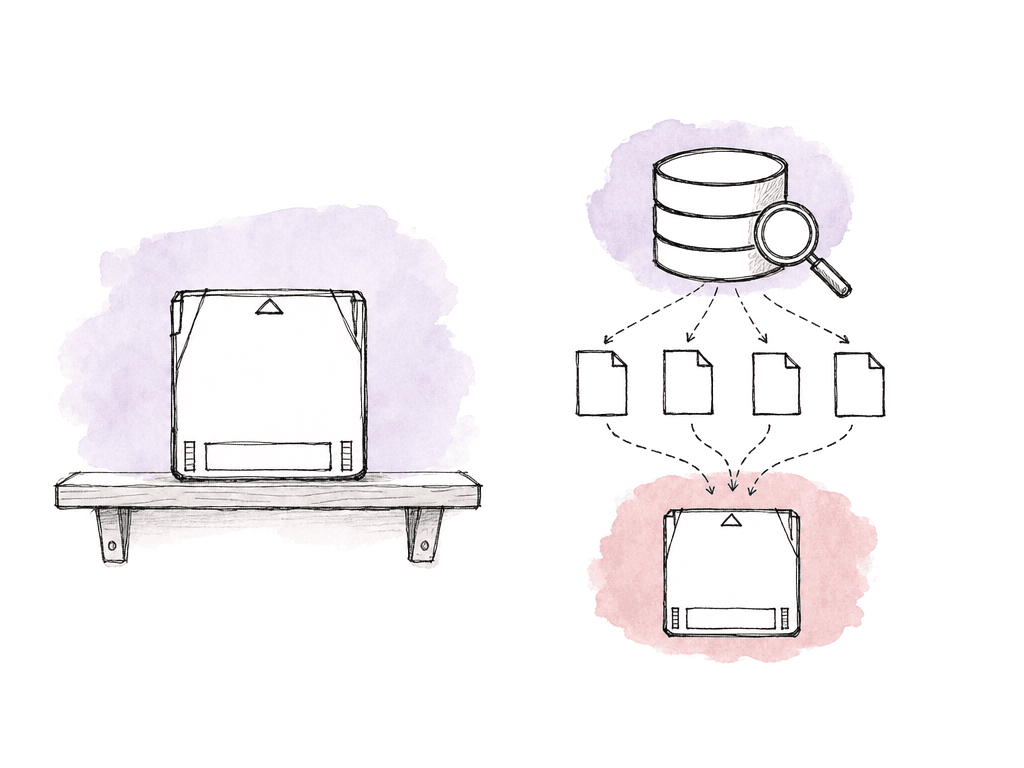 Hand-drawn comparison of an offline tape cartridge on a shelf and a separate searchable catalog represented by a database and magnifying glass.