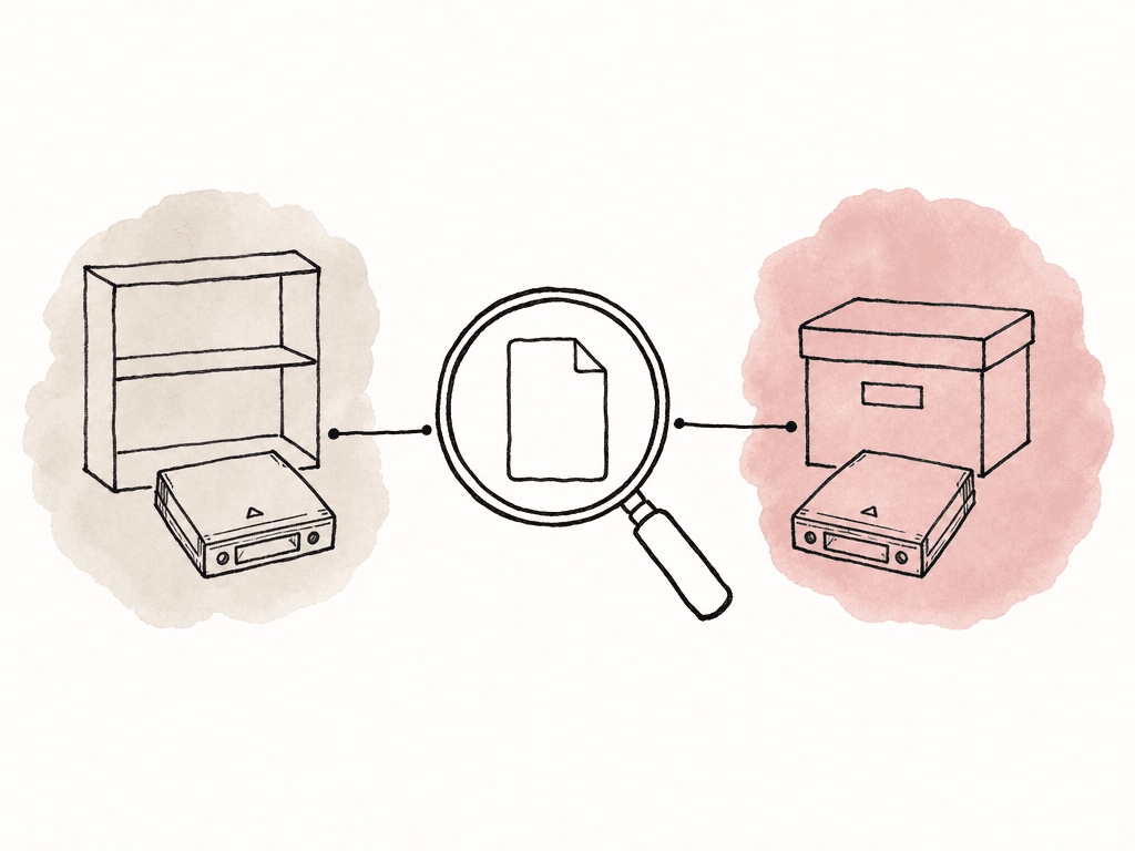 Hand-drawn search diagram linking one media file to two tape cartridges stored in different places.
