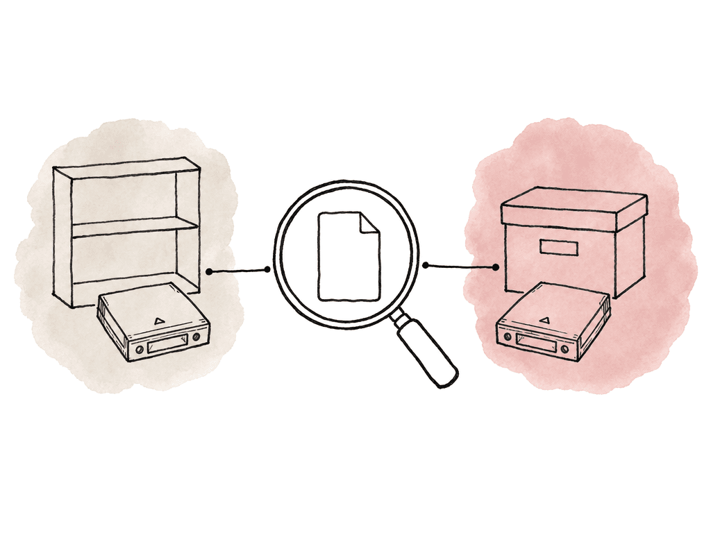 Hand-drawn search diagram linking one media file to two tape cartridges stored in different places.