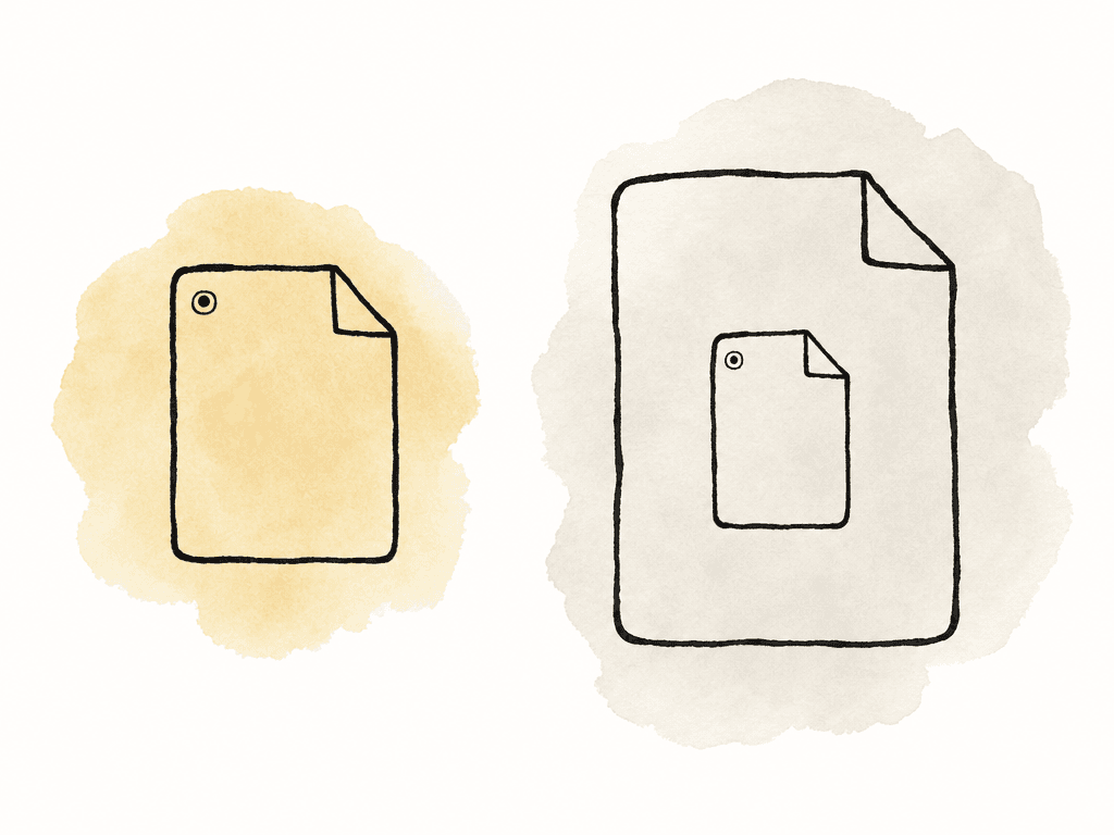 A camera-original file is compared with a variable-size transcode outline that can be small or large.