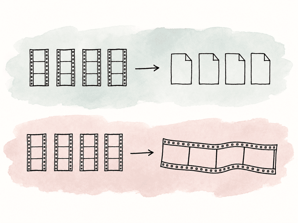 Separate source clips render into separate output files, contrasted with clips flattened into one long tangled strip.