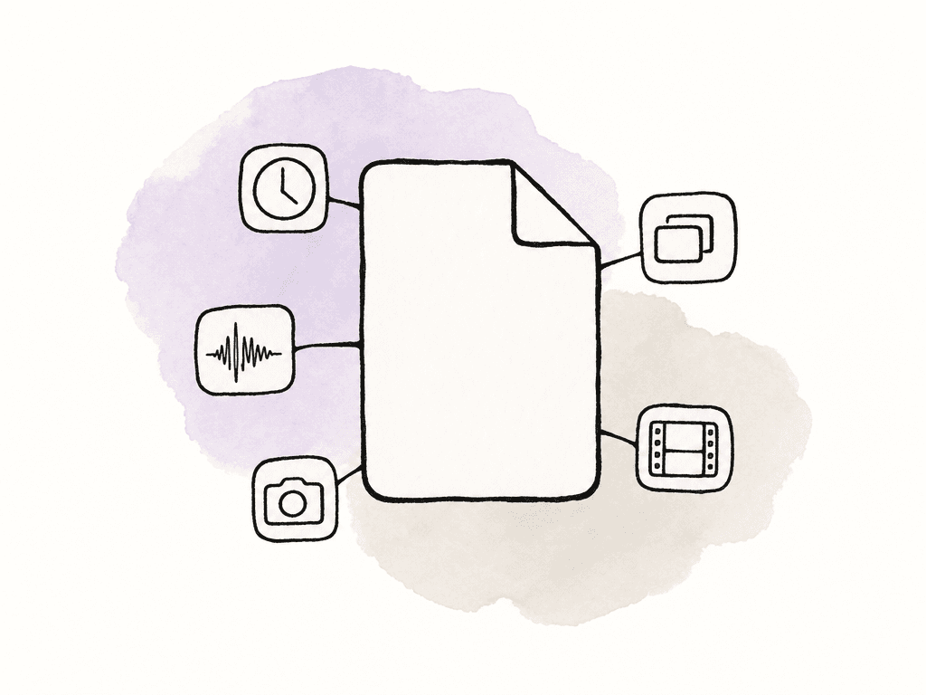 A media file icon has attached metadata tags representing timecode, audio, camera, card, and frame information.