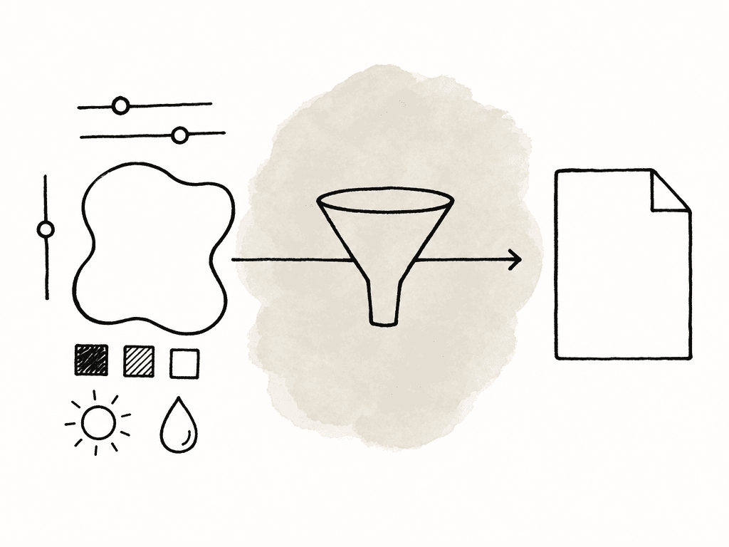 Adjustable image controls around a RAW-like media shape pass through a funnel into a fixed finished file.