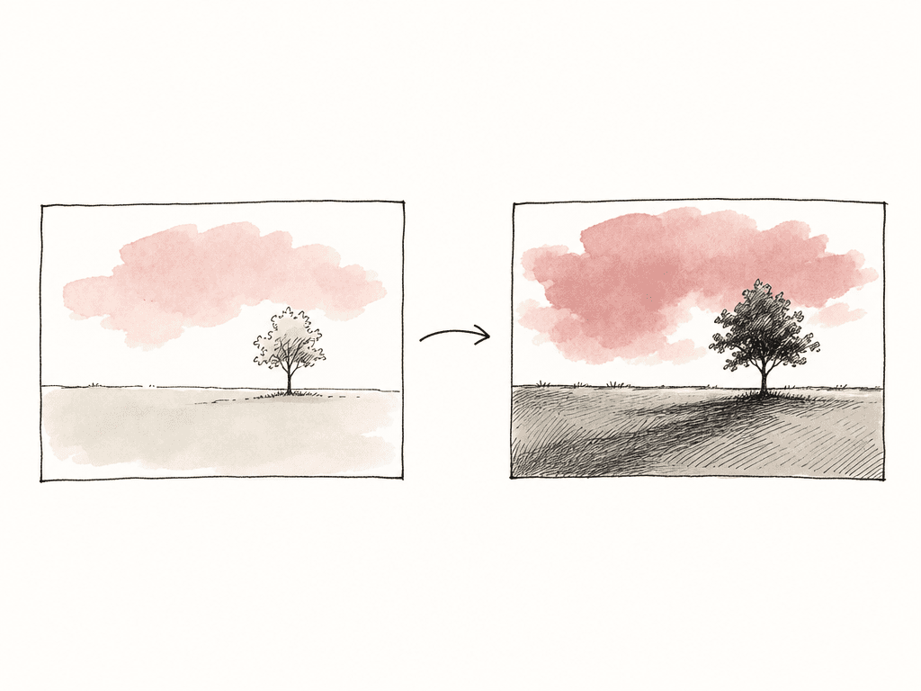 Hand-drawn before and after frames of the same scene, with the second version shown with stronger contrast.