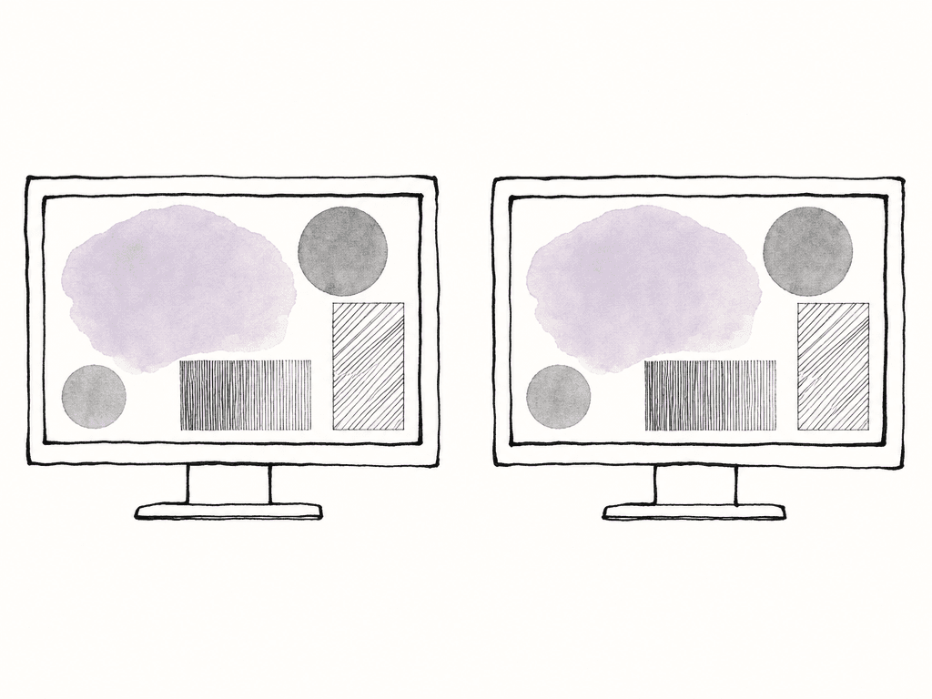 Two identical hand-drawn monitors side by side, each showing the same simple calibration shapes.