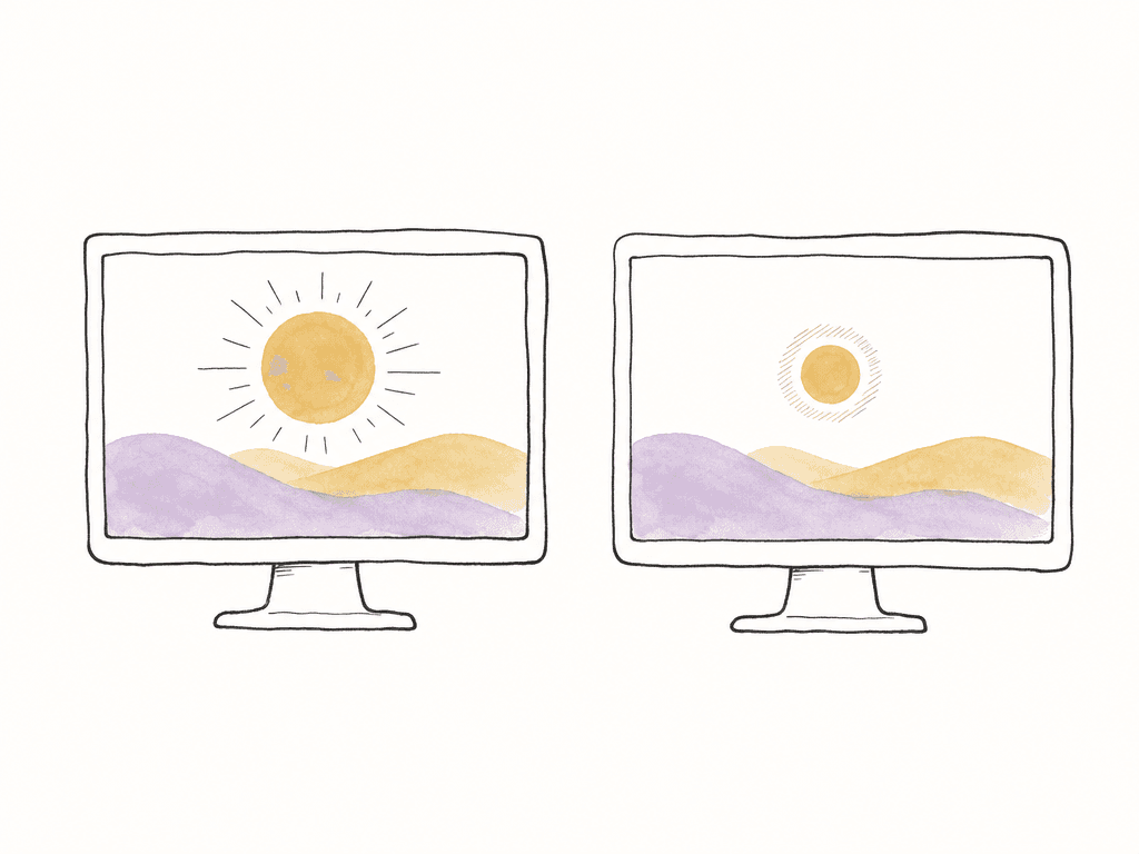 Two hand-drawn monitors show the same sun and hills scene, with one rendering brighter highlights and the other more contained highlights.