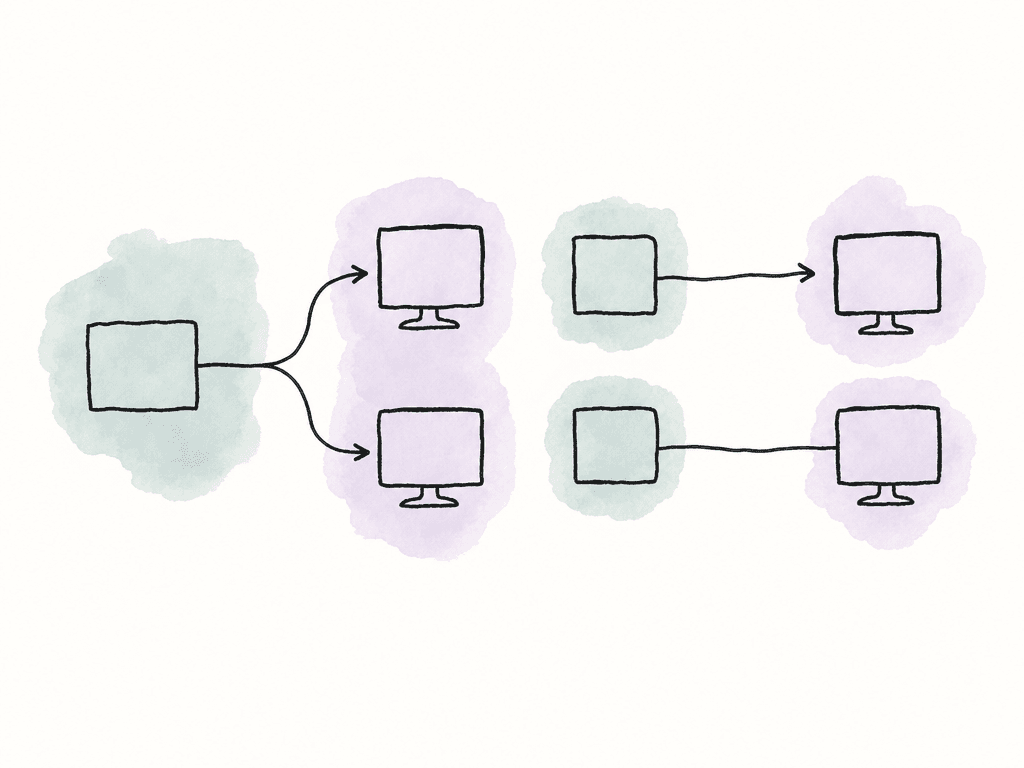 Hand-drawn diagram showing one signal branching to two monitors next to two separate outputs feeding two monitors.