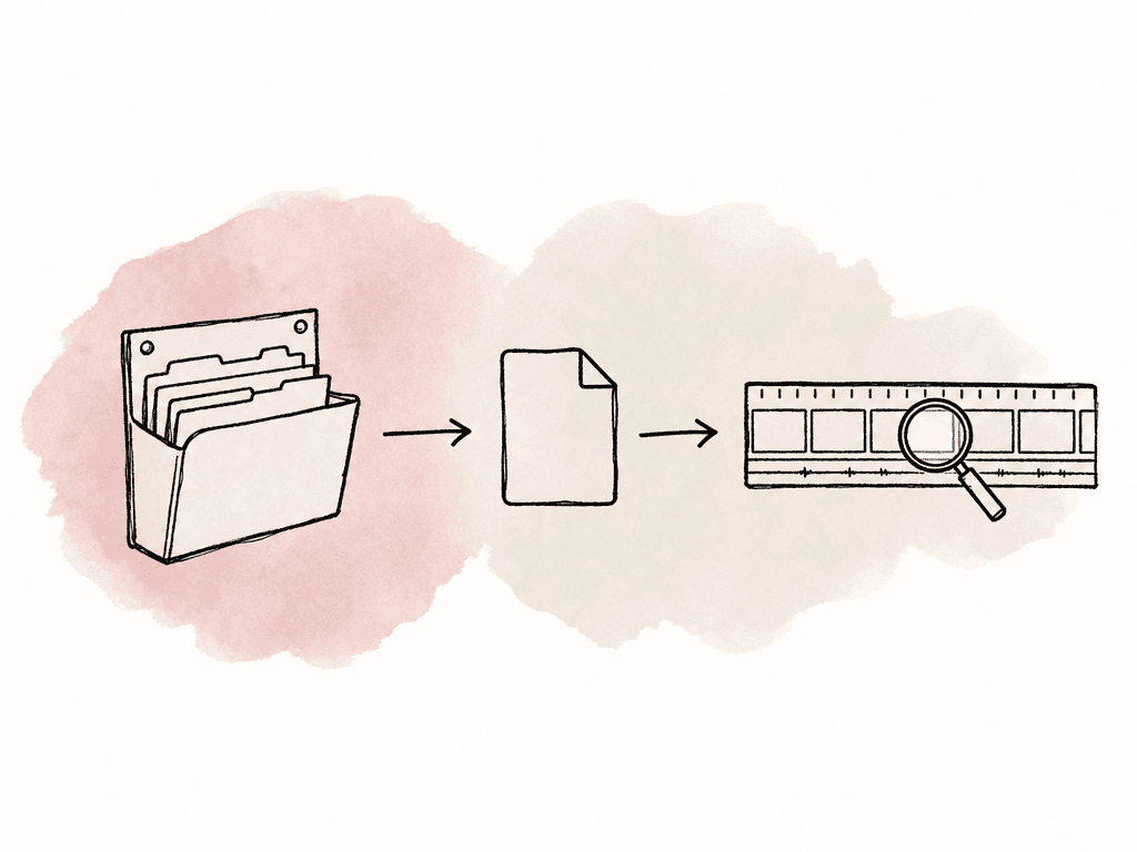 Original video file moves from mounted storage into an editing timeline for checking.