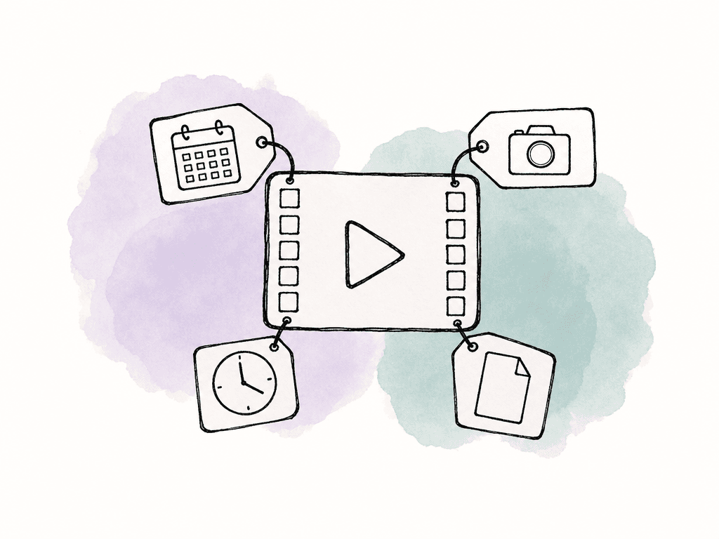 Video asset with small attached metadata tags and property icons.