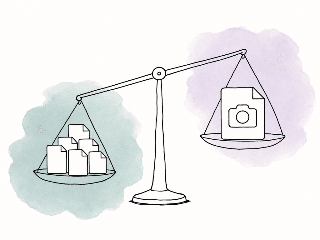 A doodle balance scale favors a stack of everyday media files over one oversized occasional camera file.