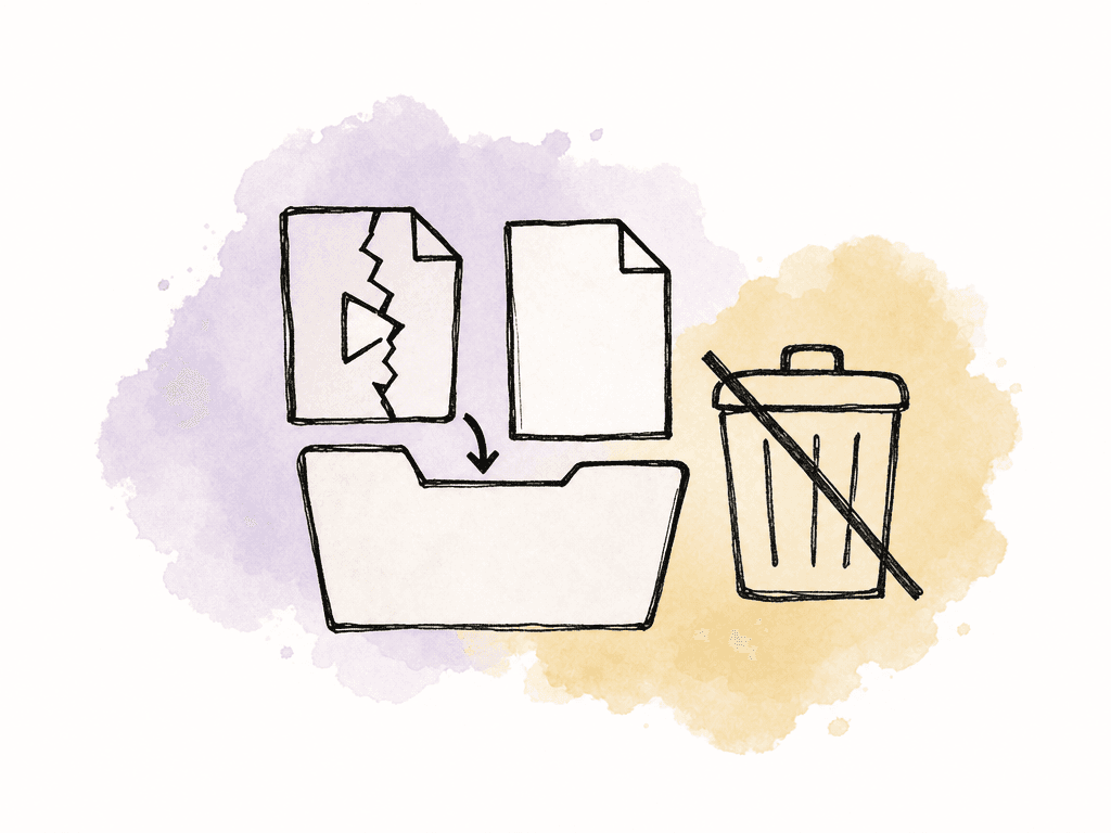 A doodle failed media file is saved with a log sheet in a folder while a trash can is crossed out.