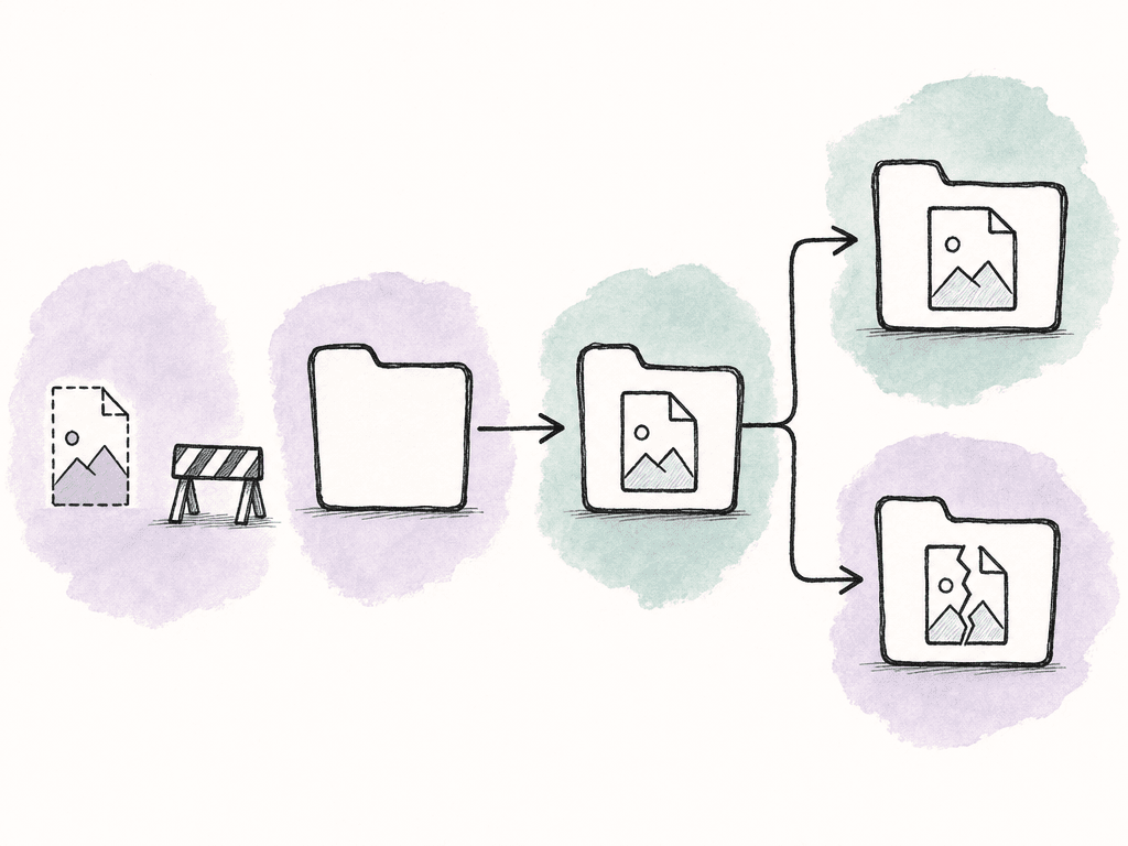 A doodle pipeline shows a media file moving through separate folders while an incomplete file is kept out of the watchfolder.