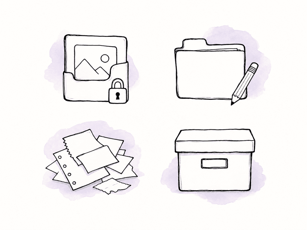 Textless doodle showing four different folder groups represented by protected media, active work, temporary scraps, and an archive box.