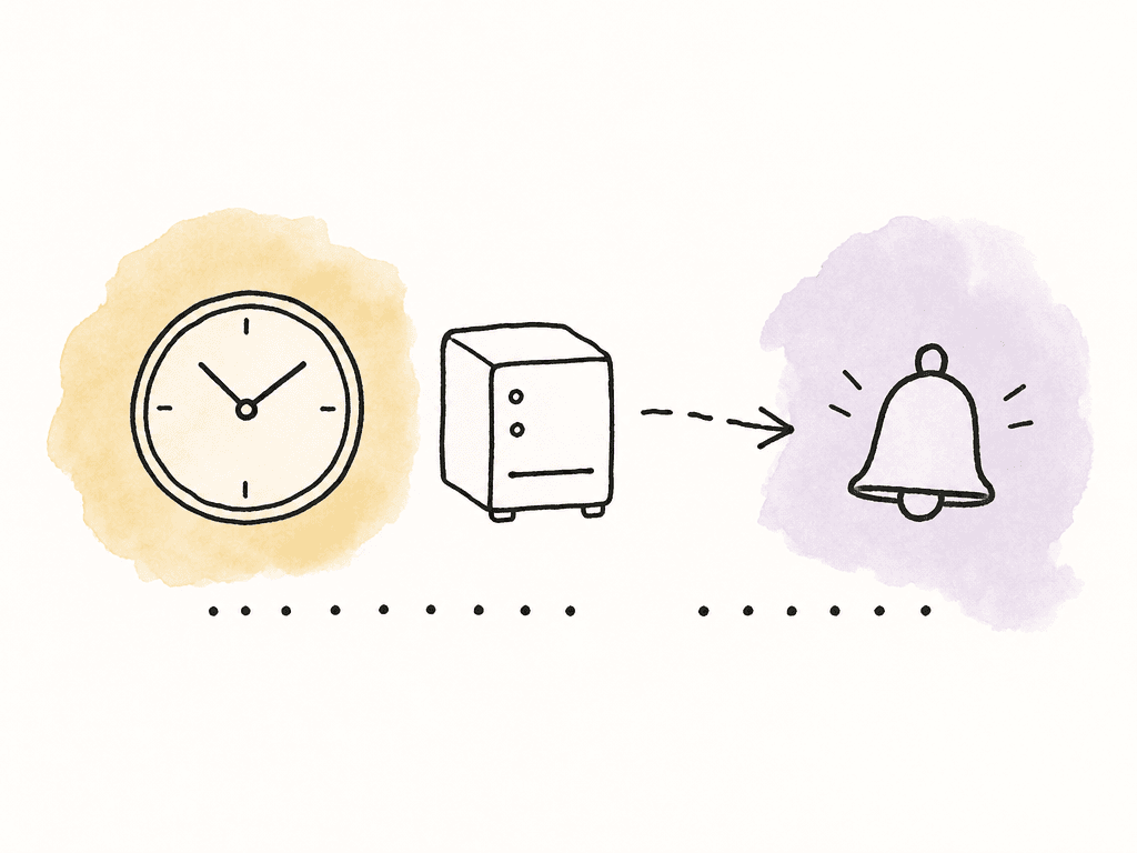 Textless doodle showing a backup machine, a clock, a broken transfer path, a missed interval, and an alarm bell indicating monitoring alerts.