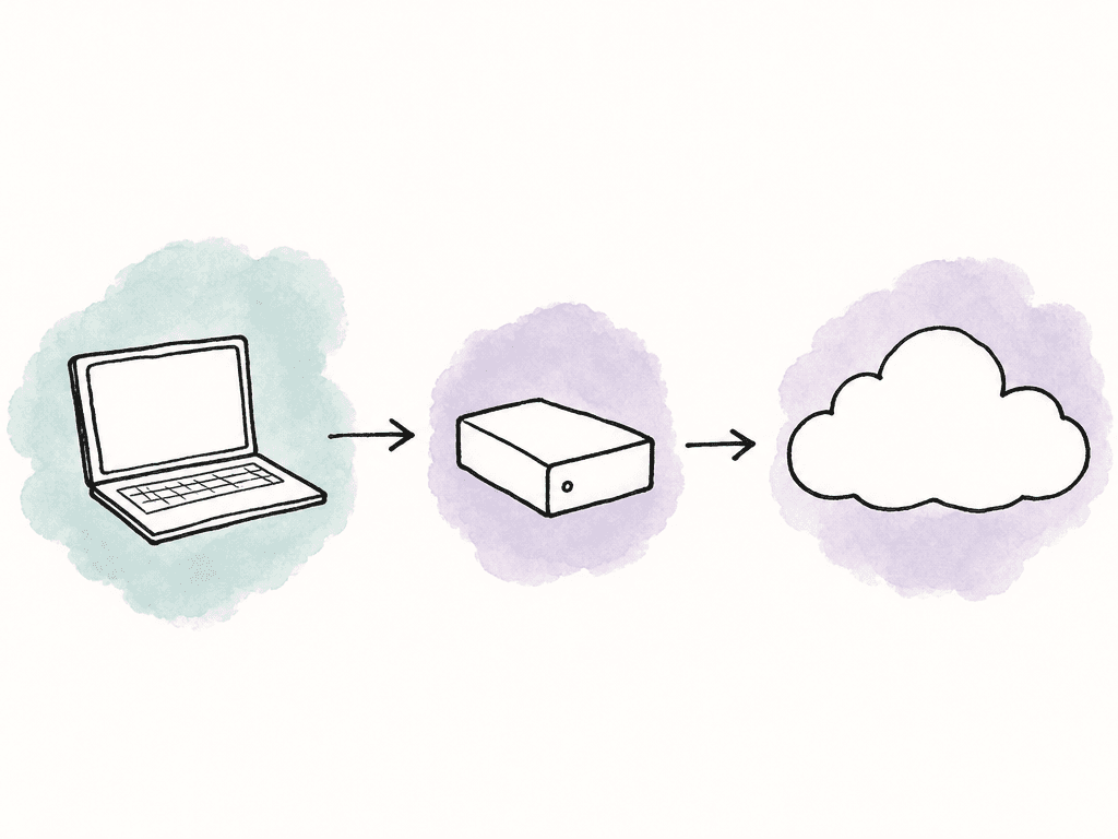 Textless doodle diagram showing a working storage drive copied to an onsite backup box, then copied to a separate cloud location.