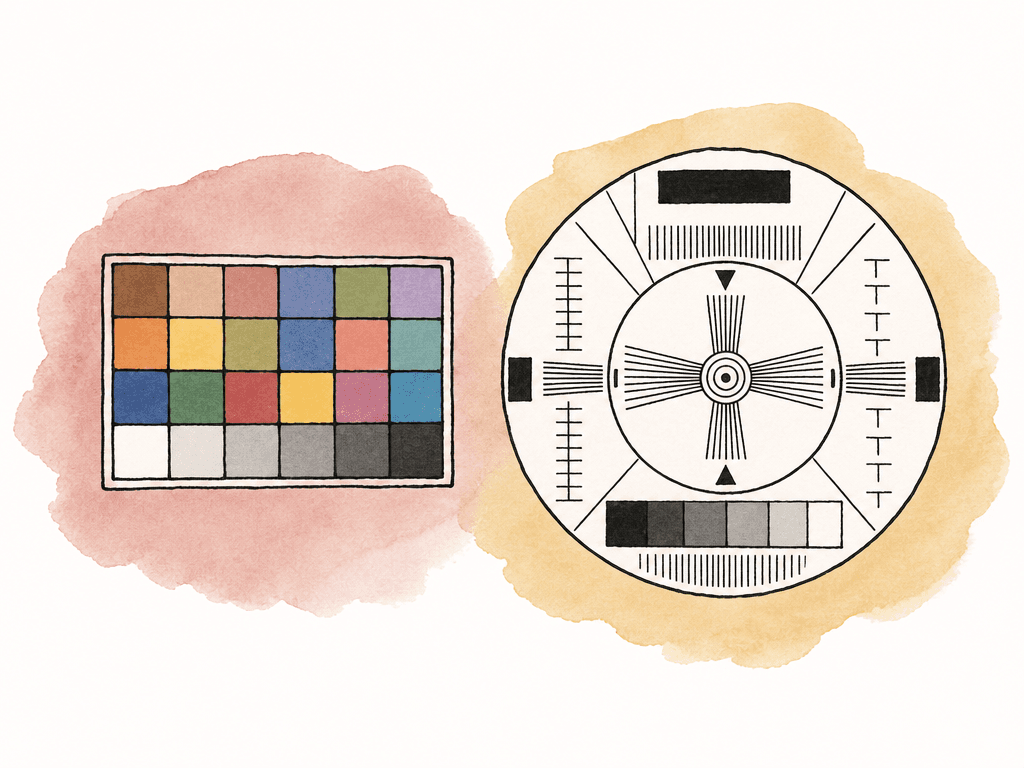 Hand-drawn comparison of a small color patch chart and a larger video test chart.