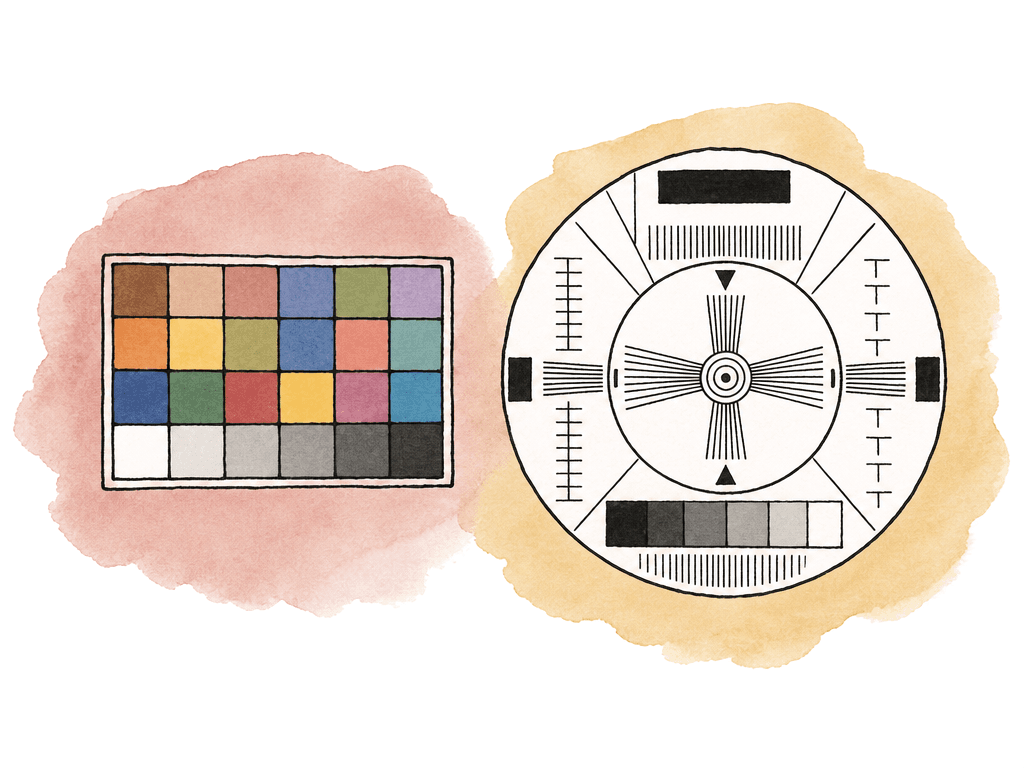 Hand-drawn comparison of a small color patch chart and a larger video test chart.
