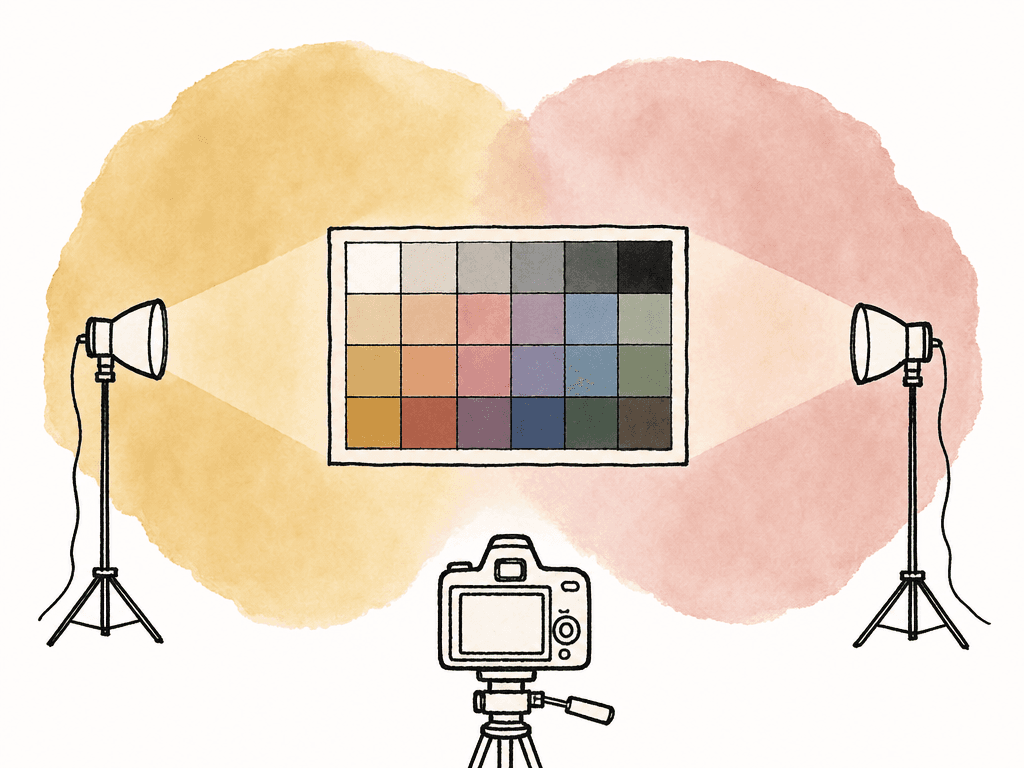 Hand-drawn diagram of a camera facing a flat chart lit evenly by two lamps from opposite sides.