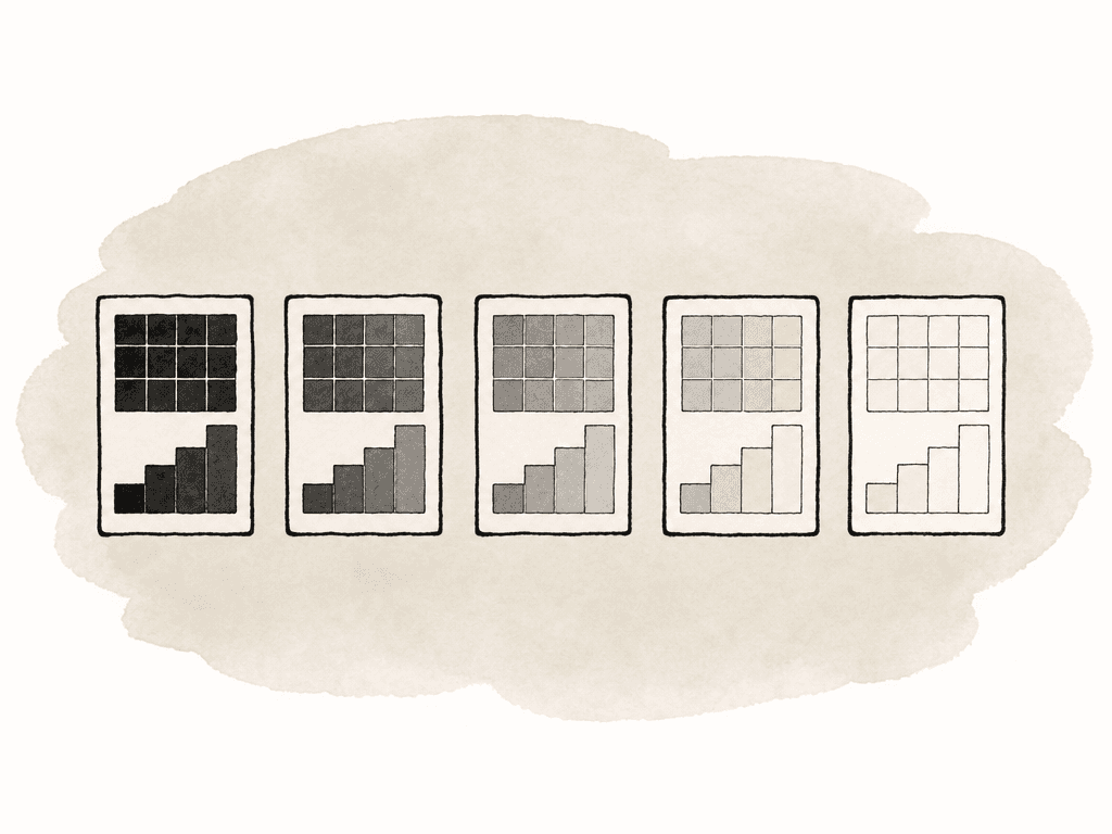 Hand-drawn row of identical chart frames shown from dark exposure through normal exposure to bright exposure.
