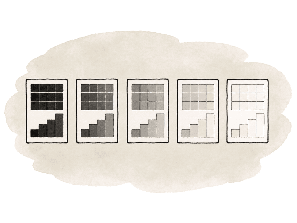 Hand-drawn row of identical chart frames shown from dark exposure through normal exposure to bright exposure.