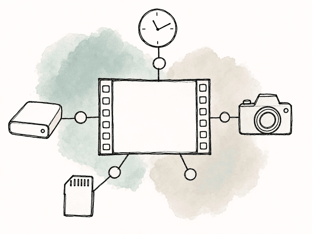 A single clip icon with several attached property markers for camera, card, duration, format, and file size.