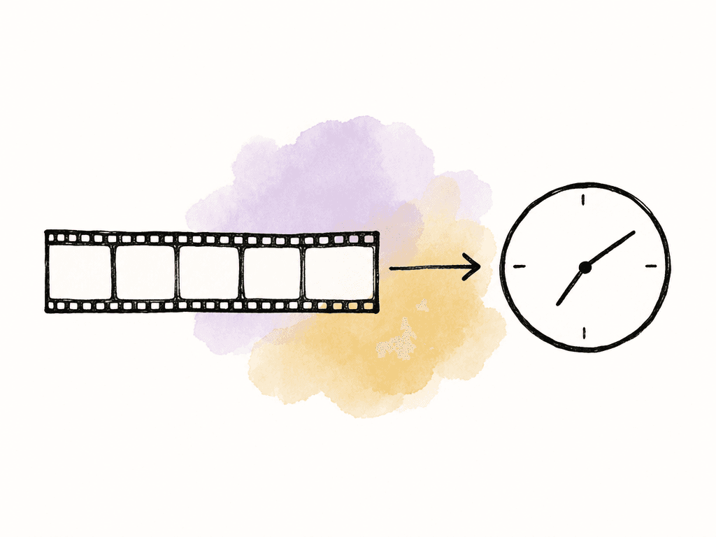A strip of film frames pointing to a simple clock, representing duration calculated from frames and shown for readers.