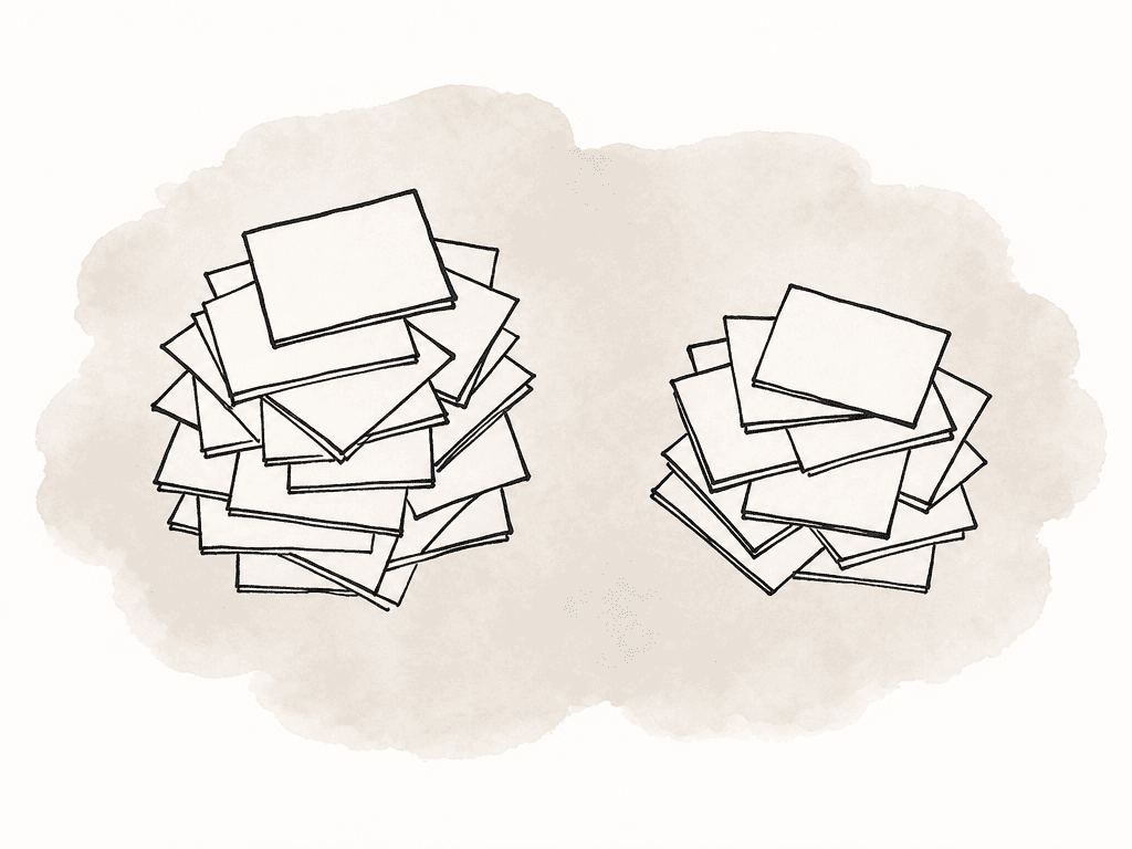 Two separate piles of media cards, one larger than the other, showing that source and delivered clip counts may differ.