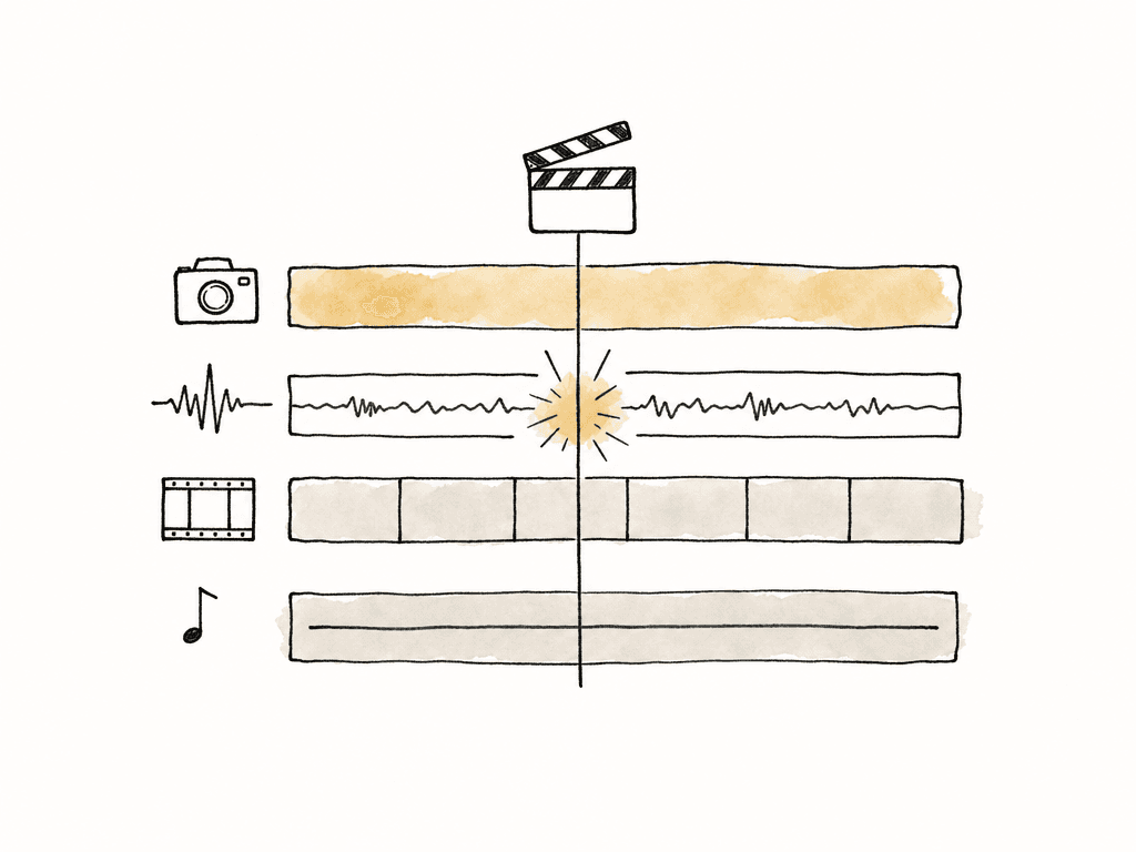 Stacked camera and audio strips aligned to one shared sync point.