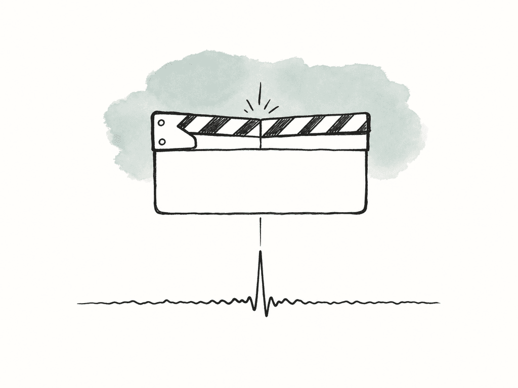 Closed clapper sticks aligned with a sharp waveform spike.