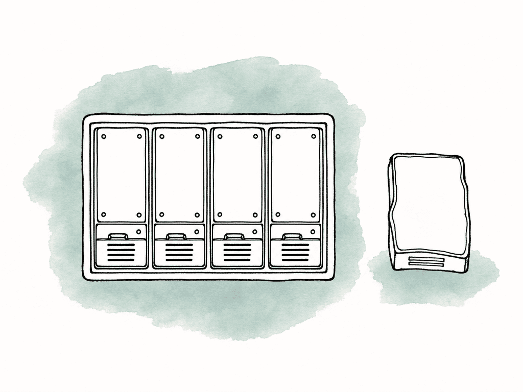 A neat group of matching hard drives sits together while one mismatched drive is placed apart from the array.