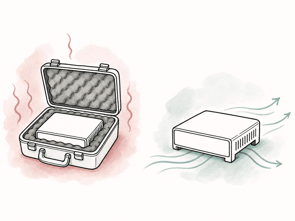 A RAID enclosure is shown overheating inside a closed foam case beside another RAID sitting in open air with airflow around it.