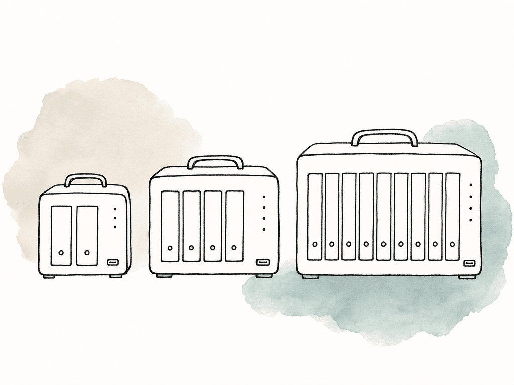Three portable RAID enclosures of increasing size shown side by side, with two, four, and eight visible drive bays.