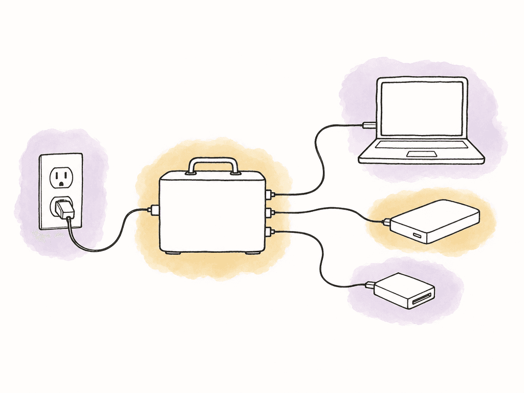 A power outlet connects to a battery backup, which then powers a laptop, RAID enclosure, and card reader.