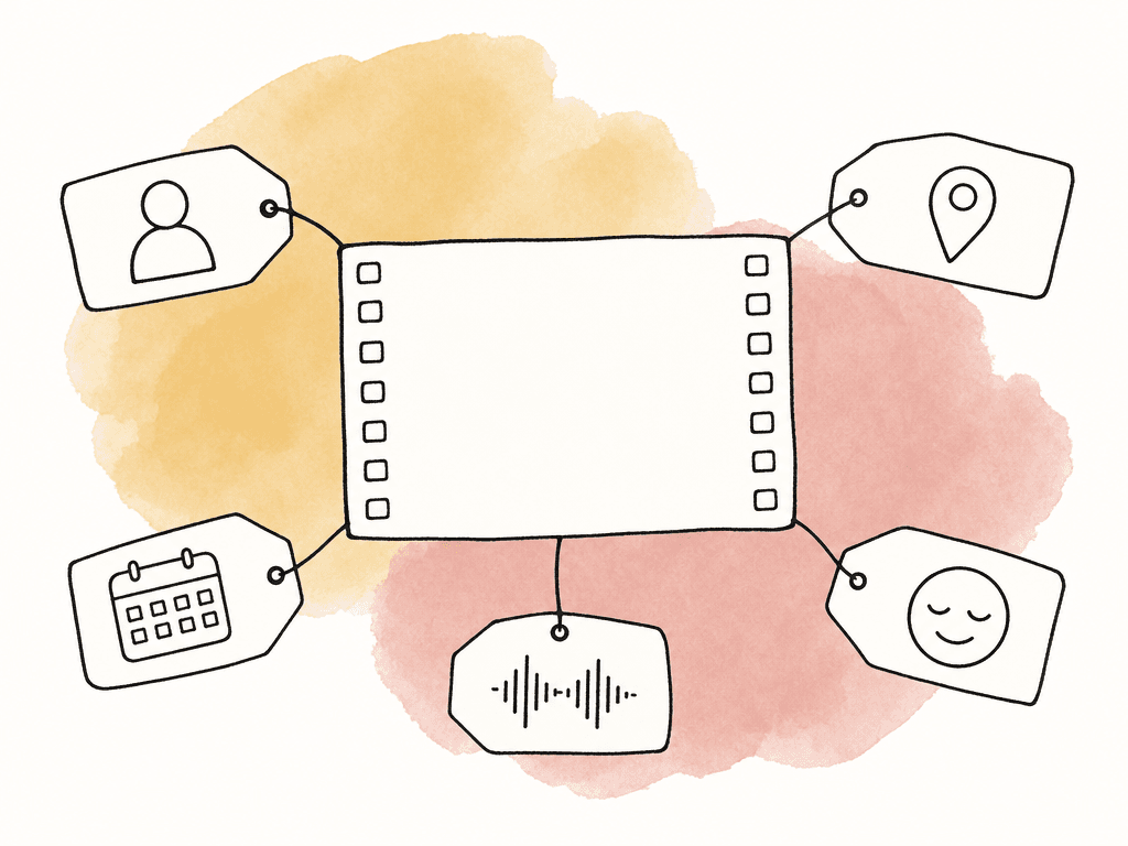 A media clip is surrounded by small tag shapes showing different kinds of descriptive properties.