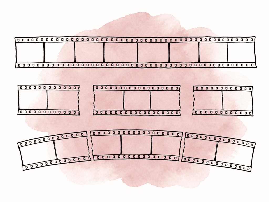 Three simplified film-strip rows show raw footage, selected clips, and a smaller arranged story sequence.