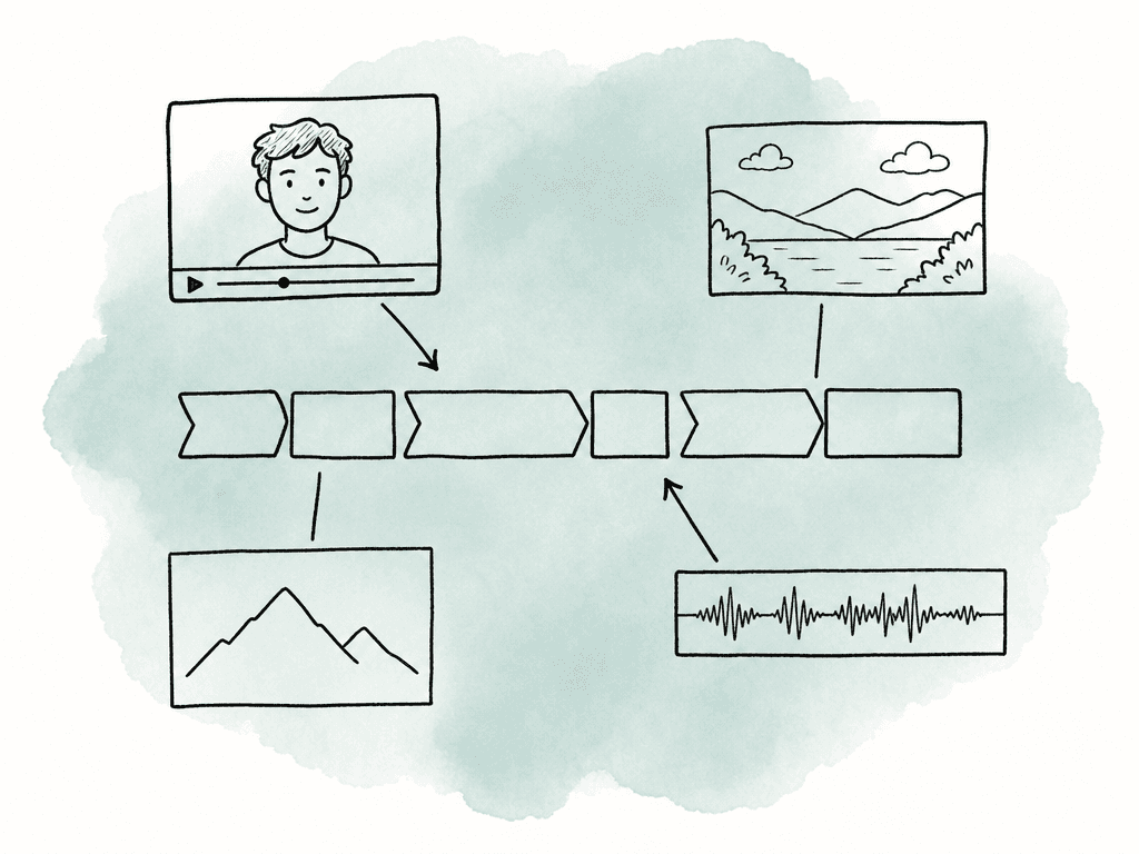Different media pieces flow into one central mixed timeline, representing a theme-based string-out.