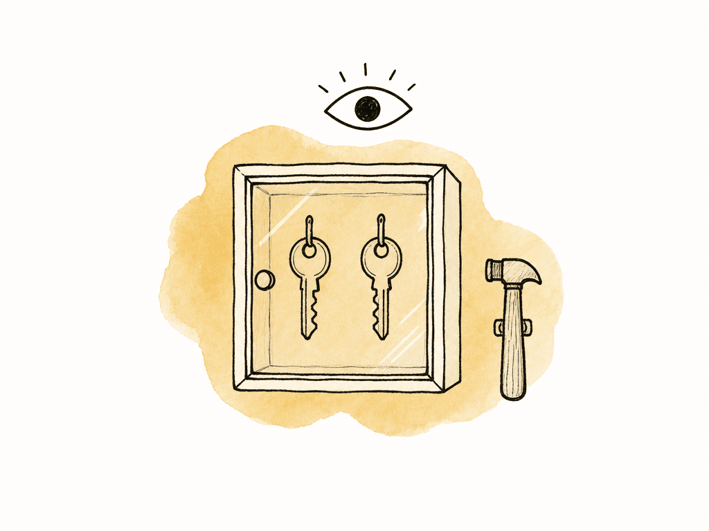 Two keys sit inside a protected emergency box with a small hammer and monitoring eye above it.
