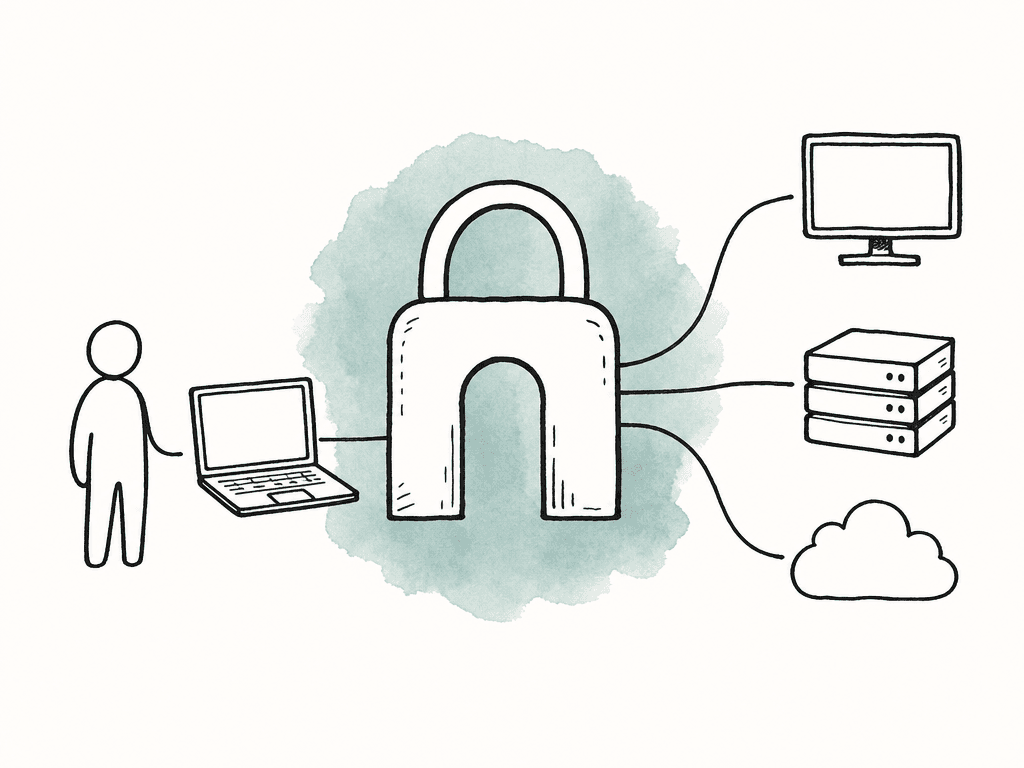 A person and laptop connect through a central lock gateway to a monitor, media storage, and cloud icon.