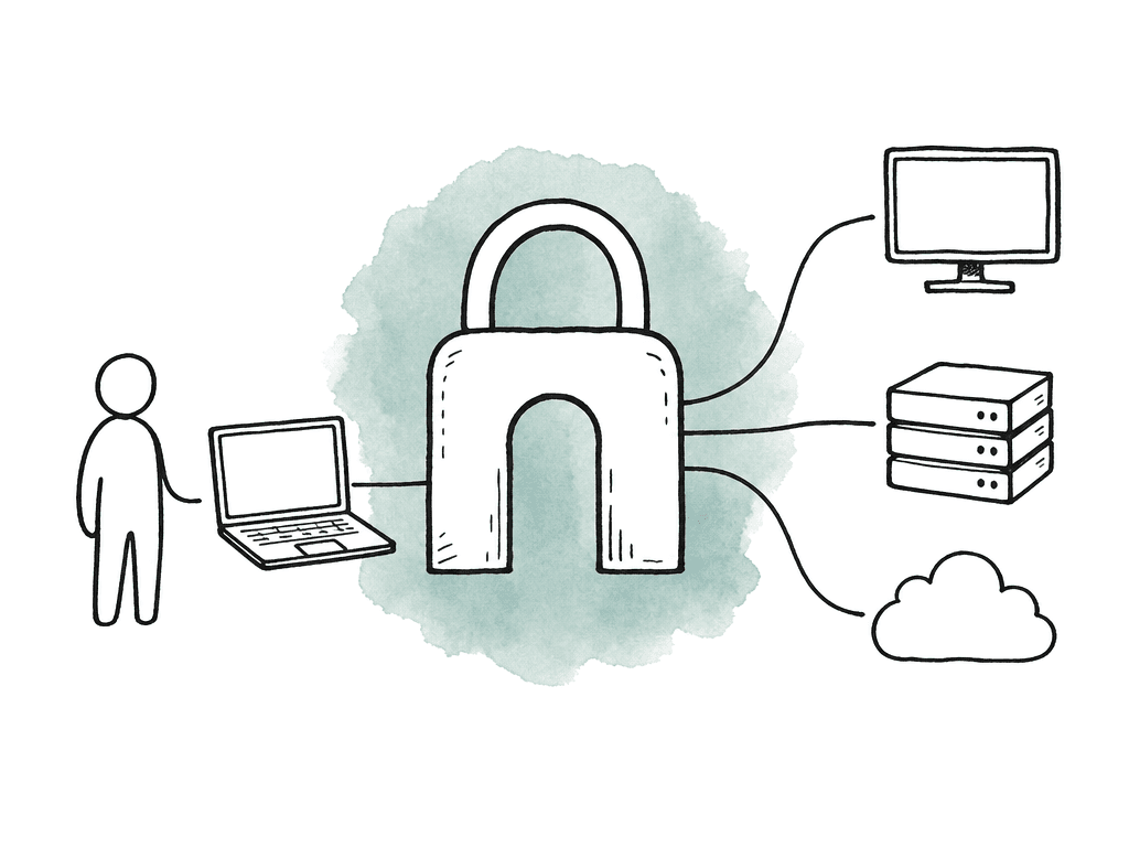 A person and laptop connect through a central lock gateway to a monitor, media storage, and cloud icon.