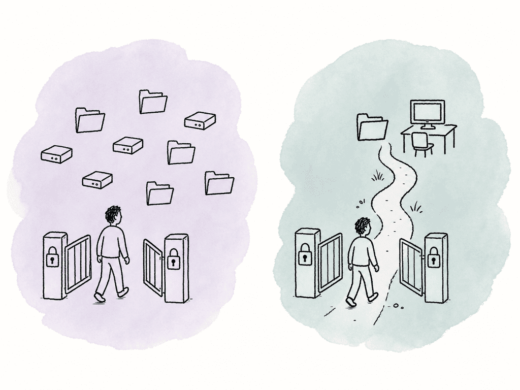 Two access scenes compare a locked gate leading to many storage icons with a locked gate leading only to one folder and workstation.