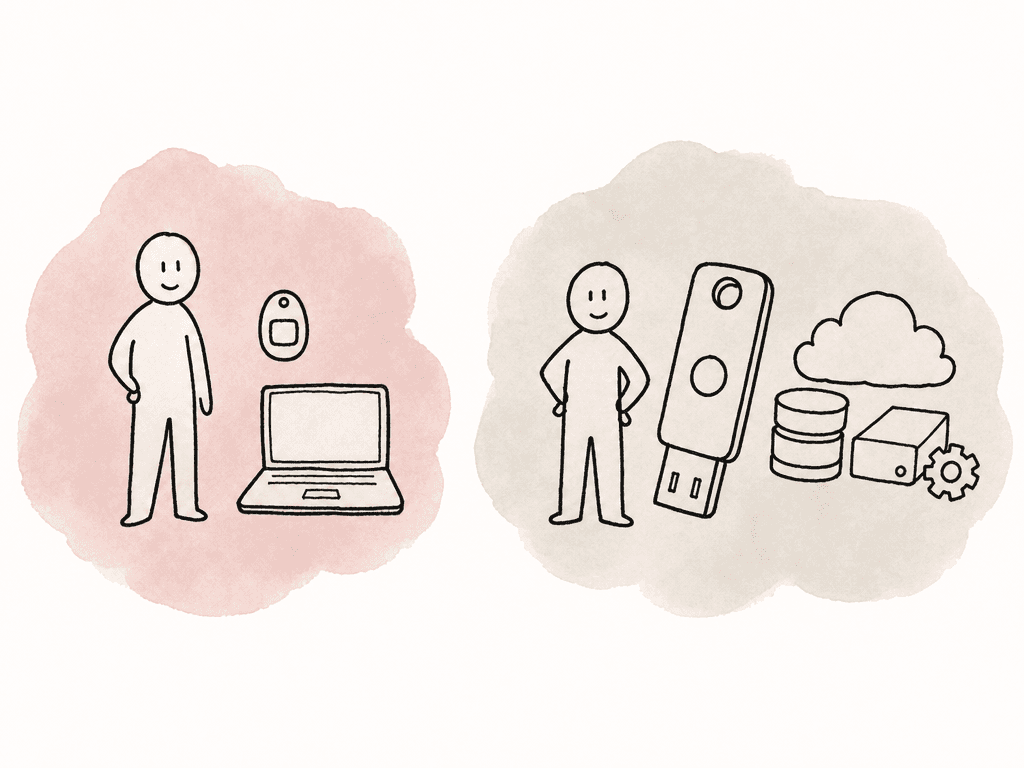 One user is paired with a small authenticator token and workstation, while another is paired with a hardware key and several sensitive resource icons.