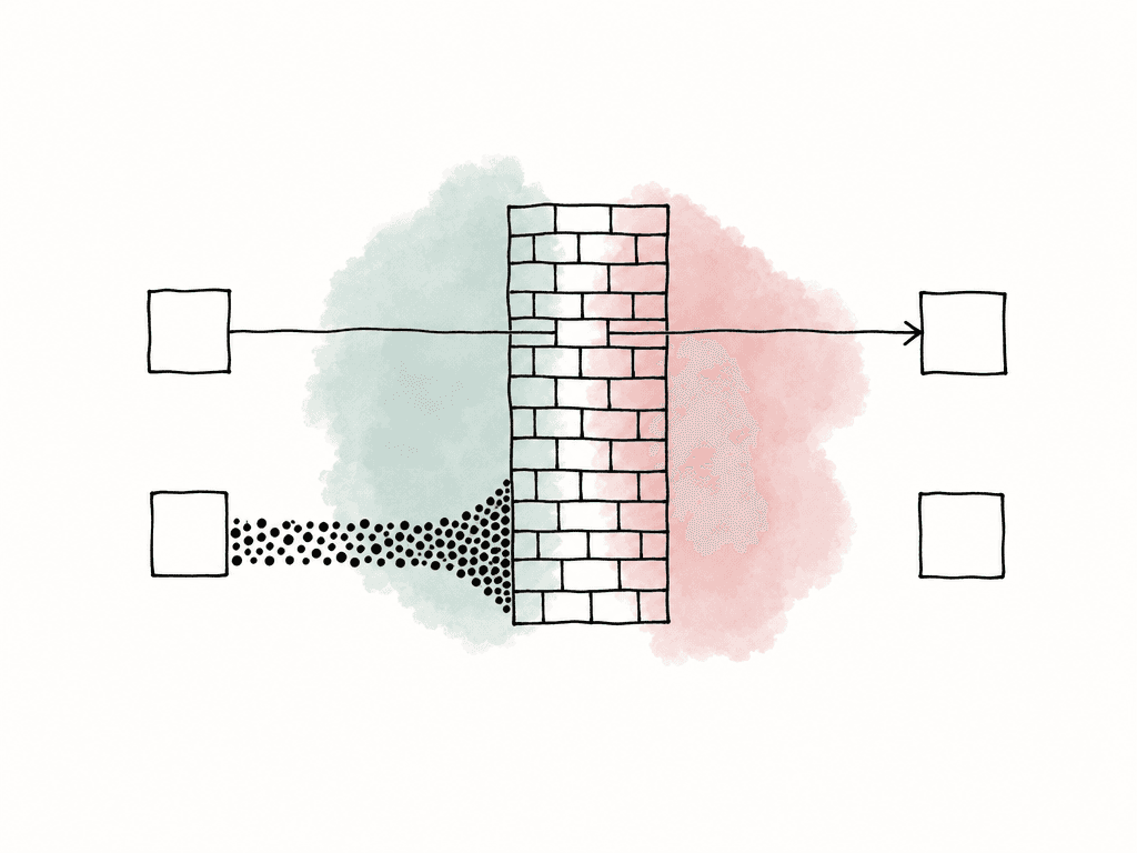 A thin connection passes through a firewall while a larger data stream is blocked.