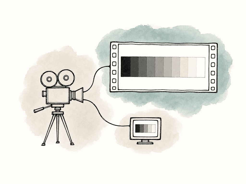 A camera feeds a wide tonal range into a preserved recording while a separate monitor shows a smaller preview range.